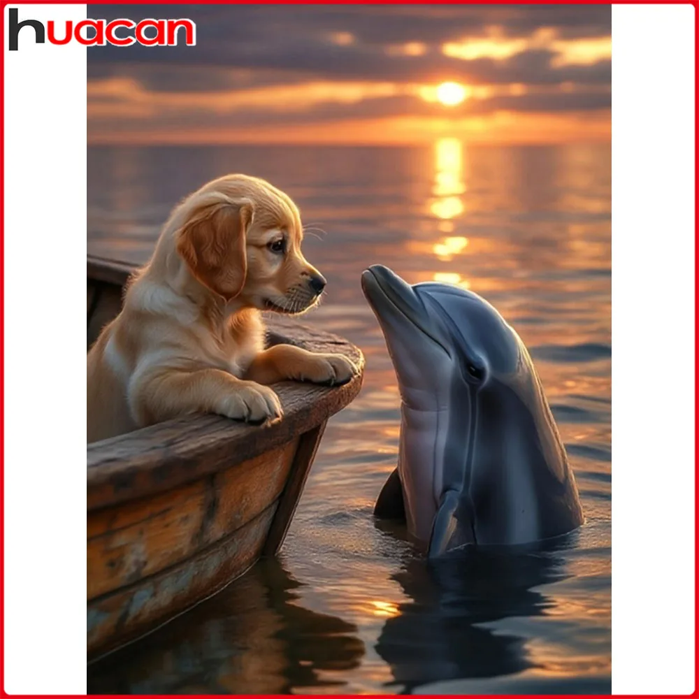 Huacan Full Diamond Painting Dolphin Dog Diamond Mosaic Animal New Collection Rhinestone Pictures