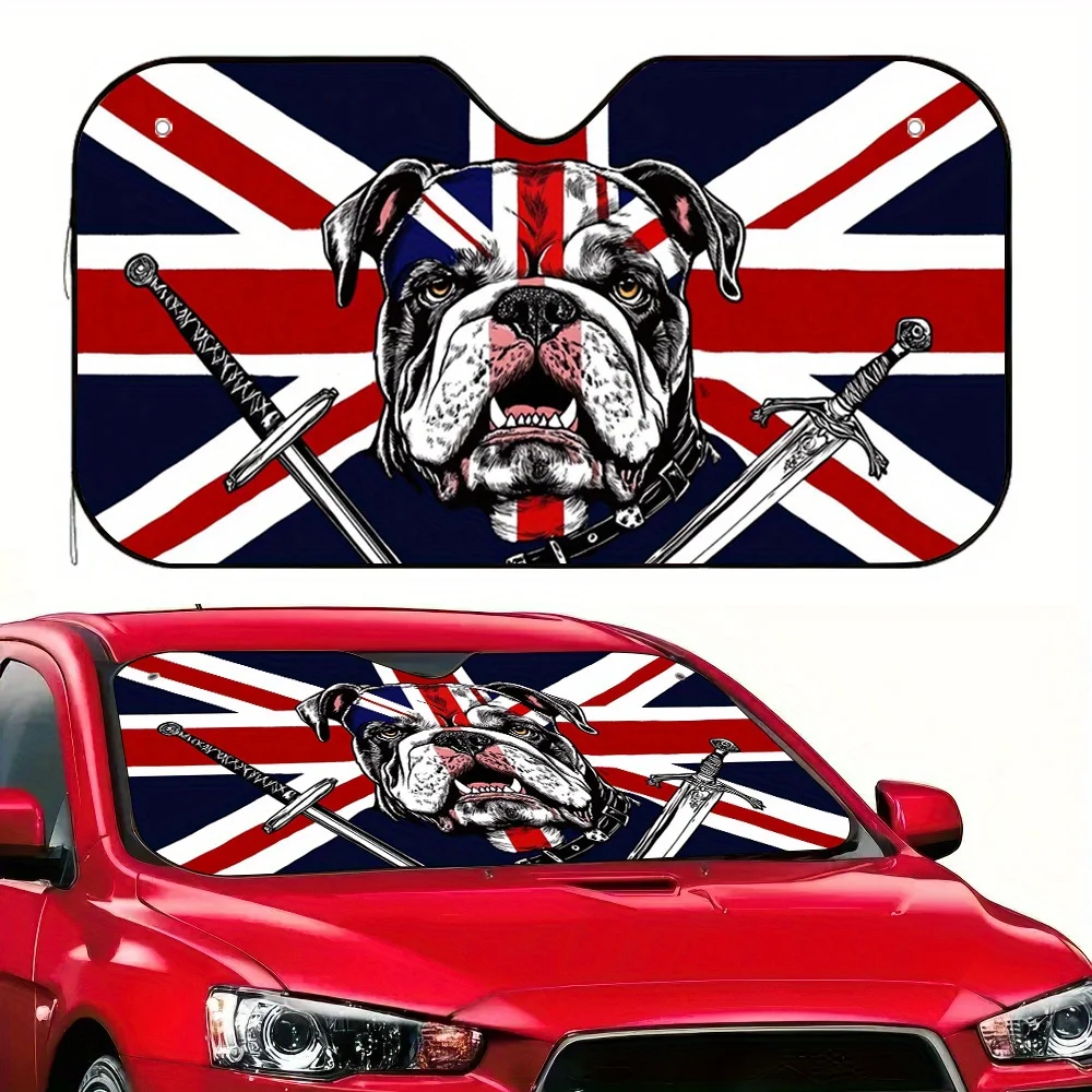 2D Flat Bulldog Flag Design Car Sunshade – Protects Your Vehicle From Heat, Stylish & Efficient, Includes 4 Suction Cups, Foldab