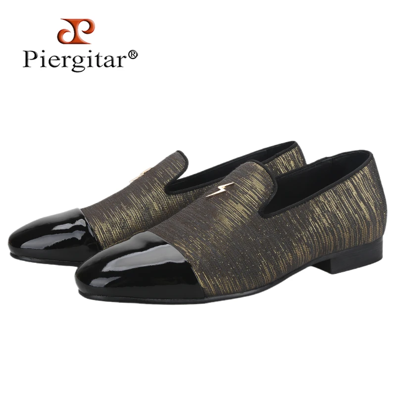 Piergitar Three Colors Striped Silk Slip-On Loafers Patchwork Patent Leather Handmade Men's Flats For Party And Banquet Wear