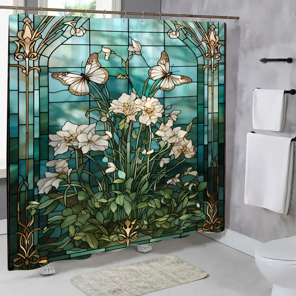 Colourful Glass Meadow Flower Butterfly Print Polyester Fabric Shower Curtain Home Hotel Apartment Bathroom Shower Curtain Decor