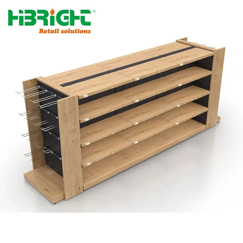 custom.Customized Multifunctional American Style Wooden Slatwall Gondola Shelving Rack Shops