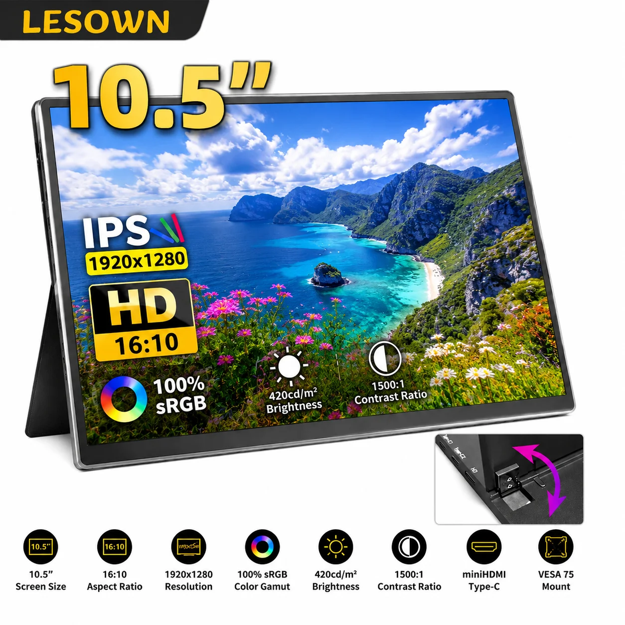 LESOWN 10.5 Inch Portable Display 16:10 Ratio 2K Visuals Driver-free Desktop Extender for Remote Work