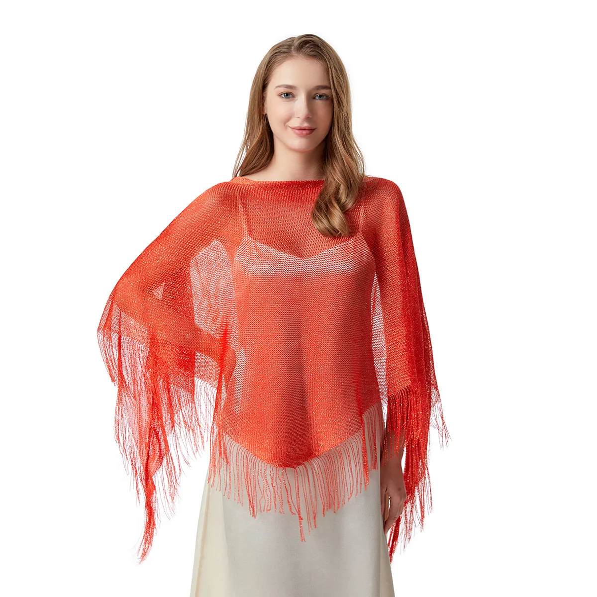 Women Sun Protection Shawl Lady Hollow Out Summer Poncho Holiday Bikini Blouse Breathable Beach Cape Tassel Solid Color Cloak