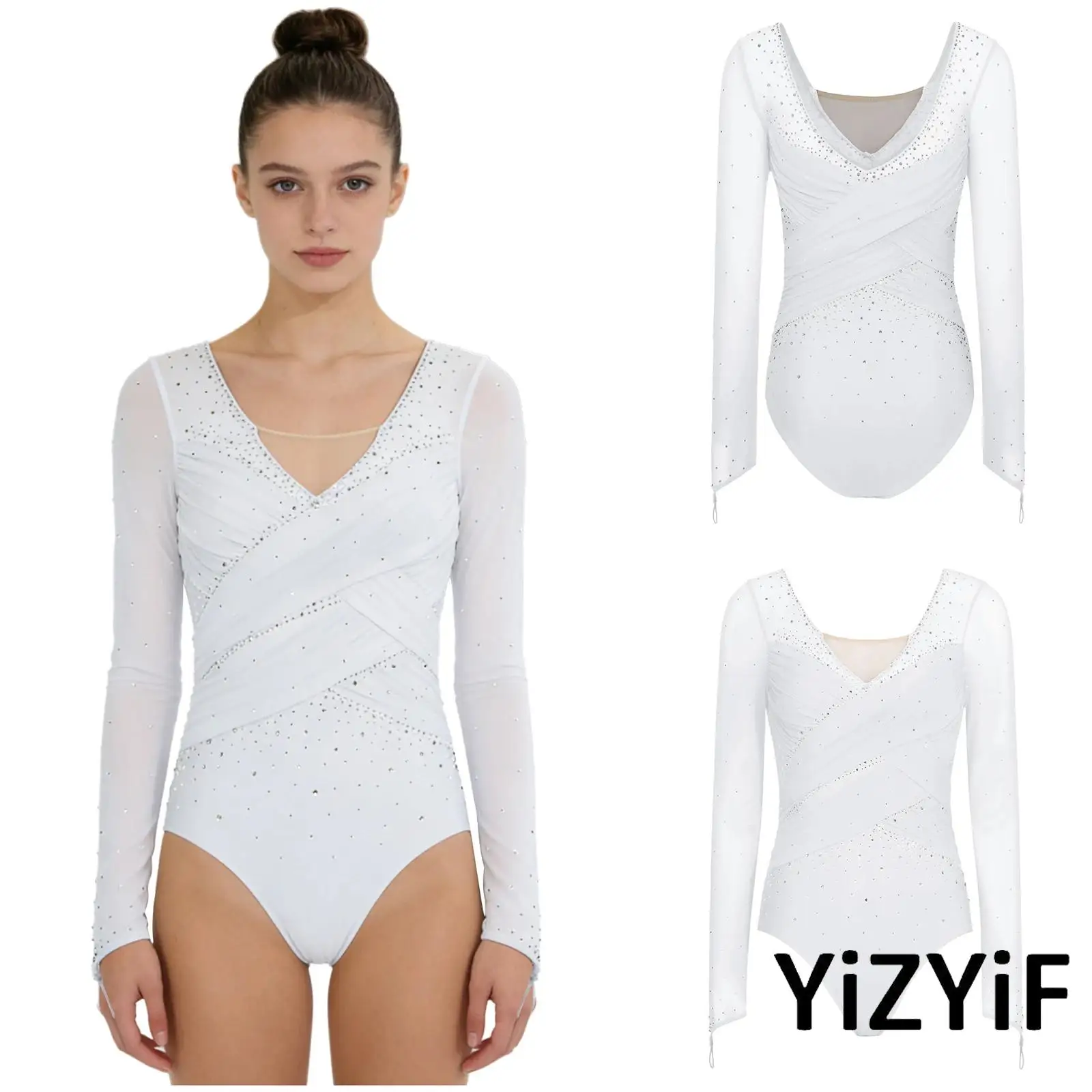 

Womens Gymnastics Jazz Rhinestone Bodysuit Long Sleeve Crossing Ruched Ballet Latin Salsa Dance Leotard Figure Skating Jumpsuit