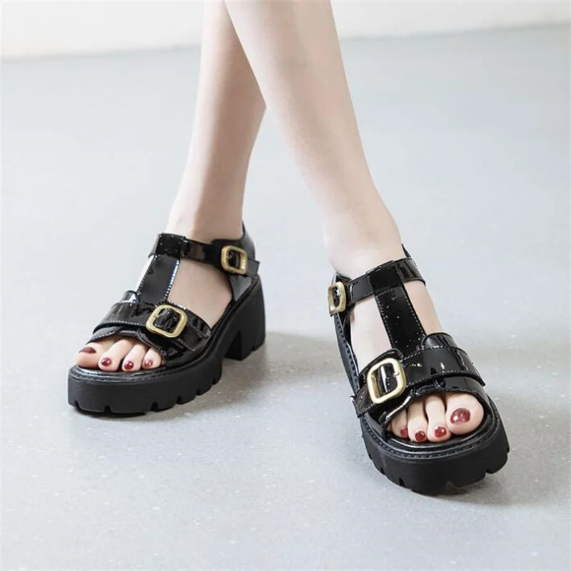 7cm Platform Sandals Wedge Shoes Summer Women Patent Leather Full Cow Women Slides Beach Shoes Sandalias Mujer