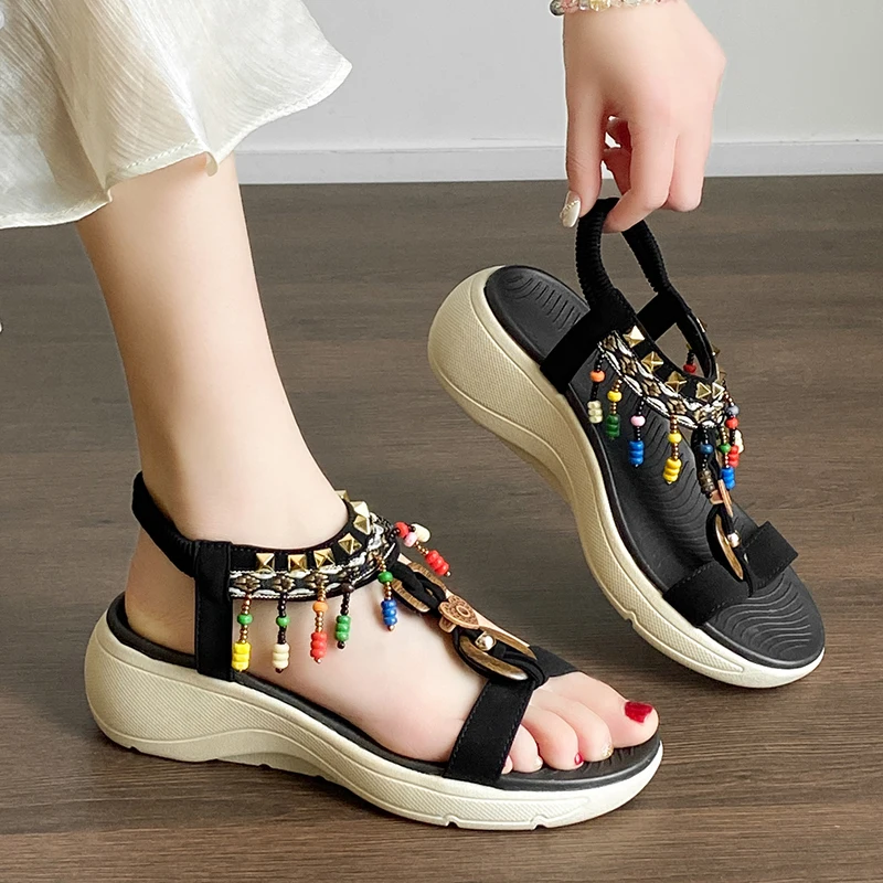 2026 New Casual Round Toe Open-Toe Women's Sandals Fashion Brand Designer Roman Sandals Trendy Beaded Women's Beach Sandals 42