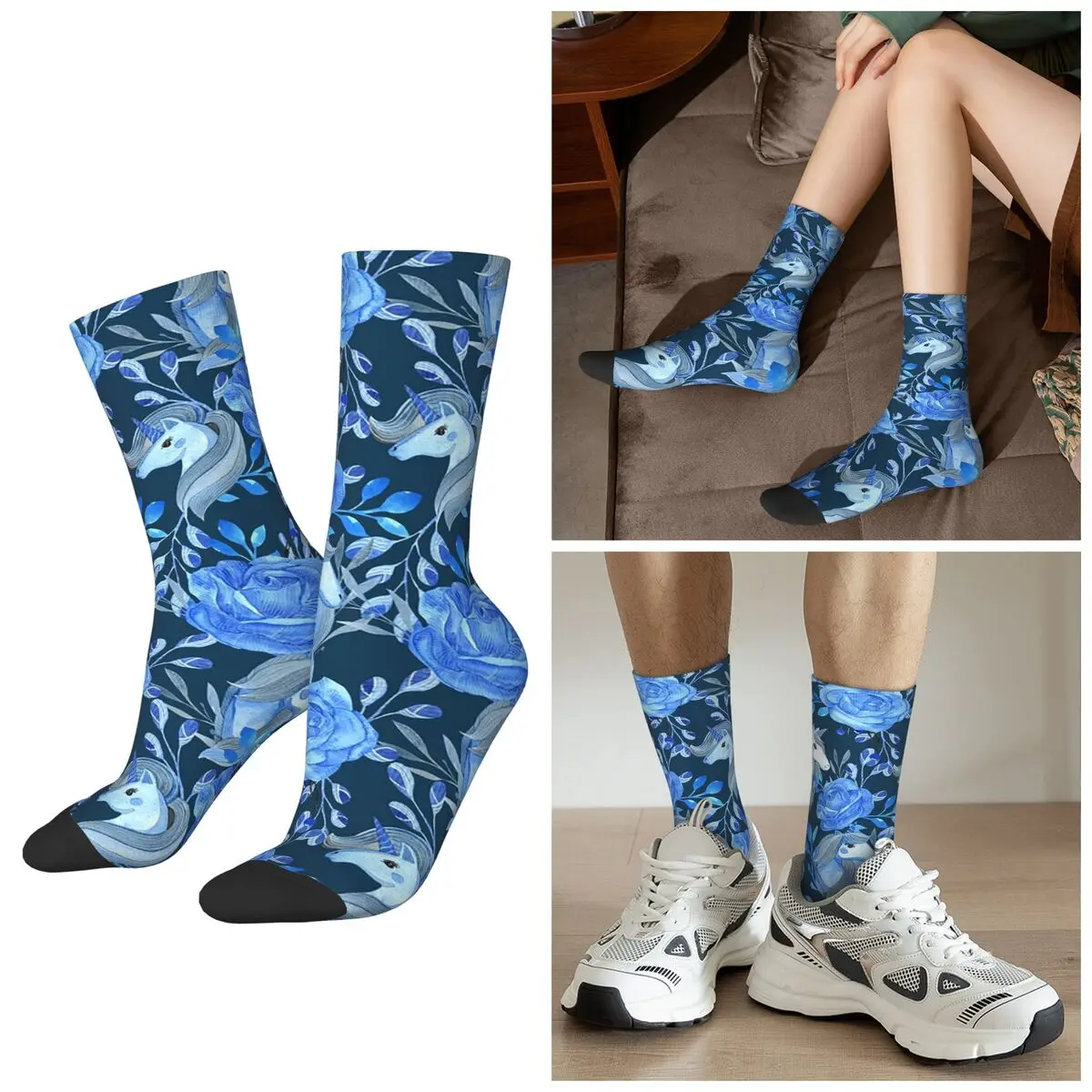 

Носки All Seasons Blue Unicorn And Flower Mane, спортивные носки средней длины в стиле Харадзюку, впитывающие пот, для мужчин и женщин, подарки