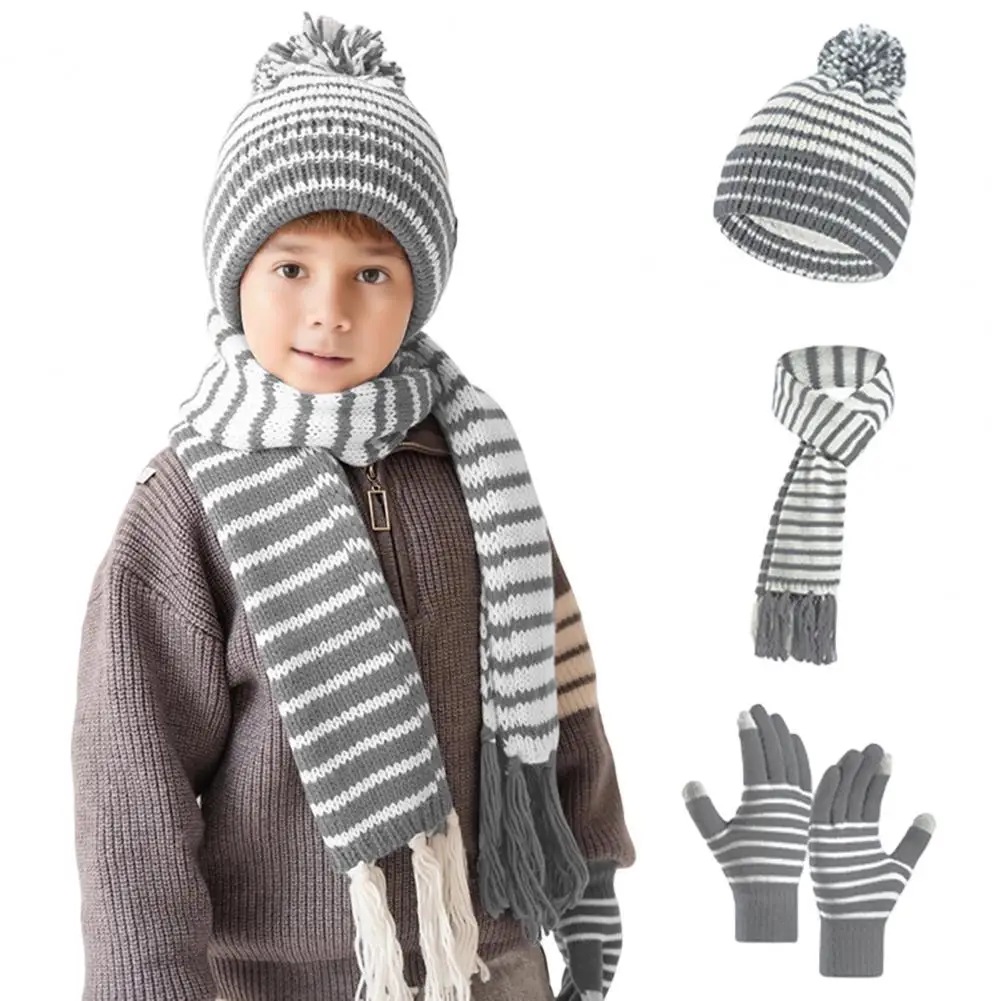 Windproof Winter Headwear for Kids Kids Winter Hat Scarf Gloves Set Fleece Lined Striped Knit Pom Pom Cozy Toddler for Boys