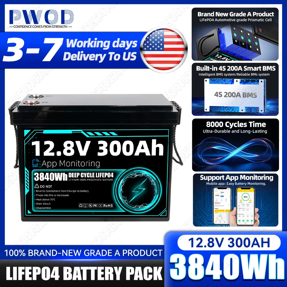 Bluetooth LiFePo4 Battery 12V 300Ah with 4S 200A BMS 3840WH Lithium Iron Phosphate Battery Grade A For Camping RV BOAT HOME Energy Storage