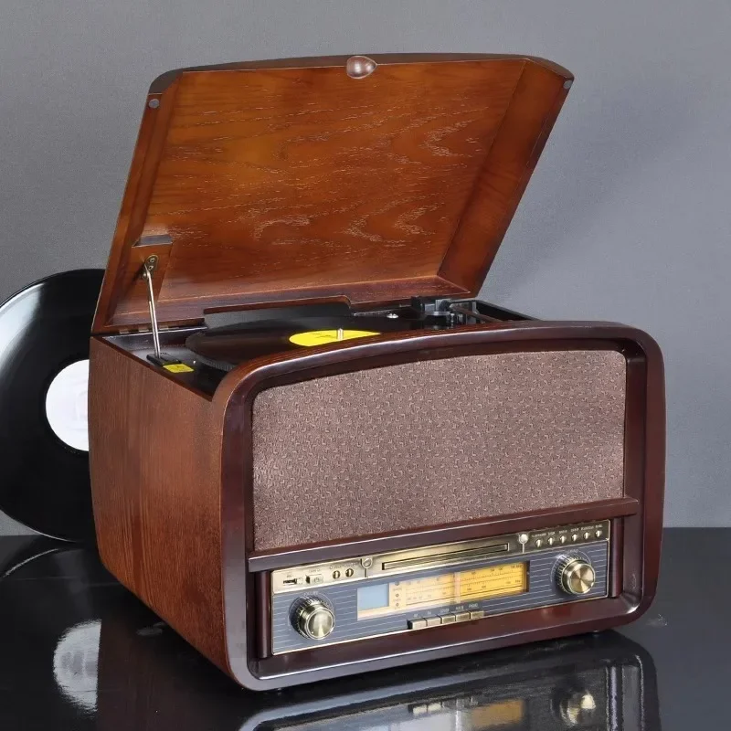 Retro-style living room decor: All-in-one vinyl, CD, and radio player; 220V electric Bluetooth vintage gramophone/vinyl record p