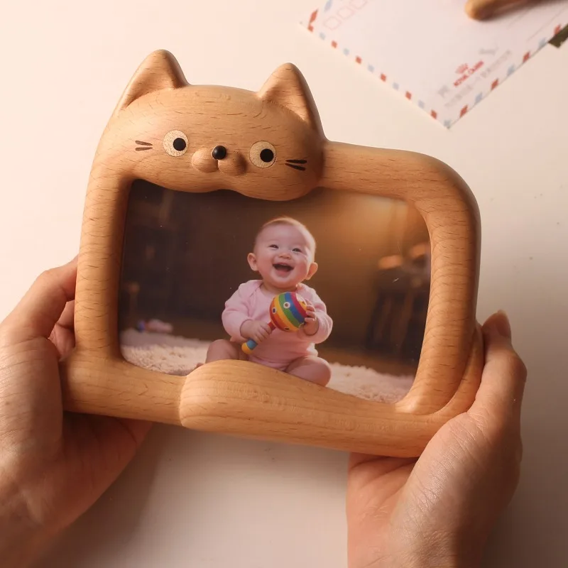 Solid Wood Cat Photo Frame Kitten Picture Display for Desk Creative Wooden Tabletop Ornament Cute Gift for Cat Lovers Home Decor