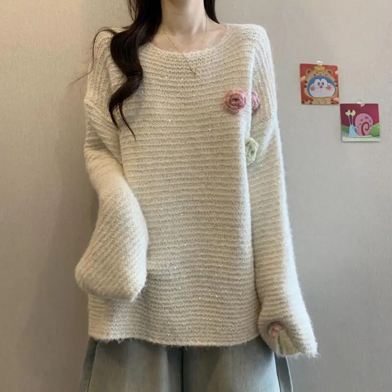 스웨터 니트웨어 여성 플러스 사이즈 아름다운 꽃무늬 회색 스웨터 여성 니트웨어 긴팔 탑 가을 겨울용