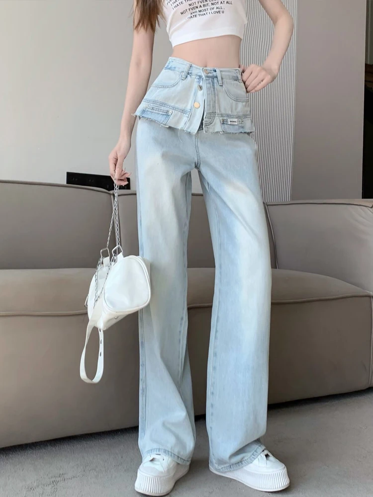 Pocket Ragged Edge Jeans Women's Spring/Summer Korean Edition High Waist Slim Loose Straight Leg Wide Leg Floor Dragging Pants