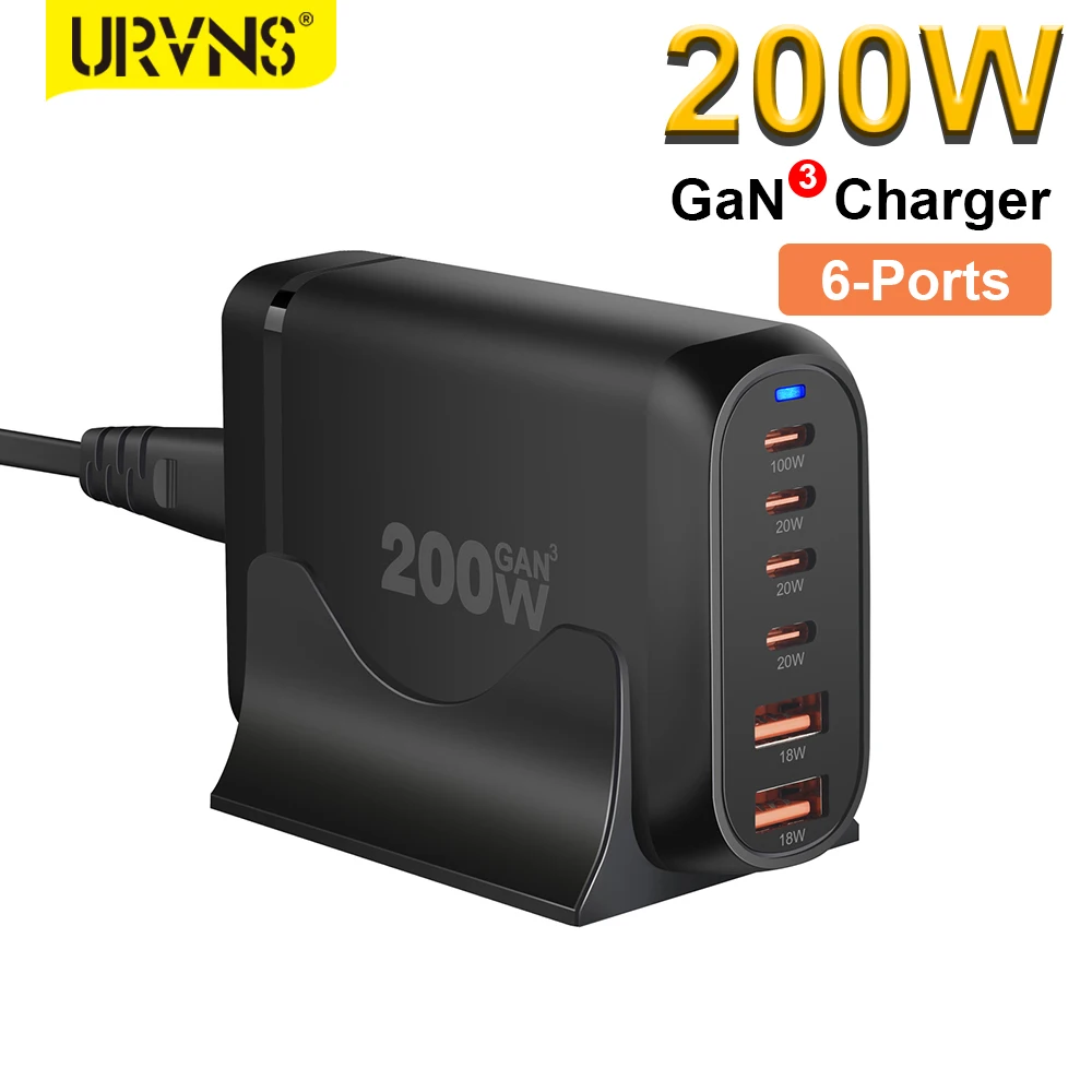 200W GaN Charger, 6-Port Desktop Fast Charging Station, 100W USB C Laptop Charger for MacBook Pro iPhone 15/14/13 Samsung Galaxy