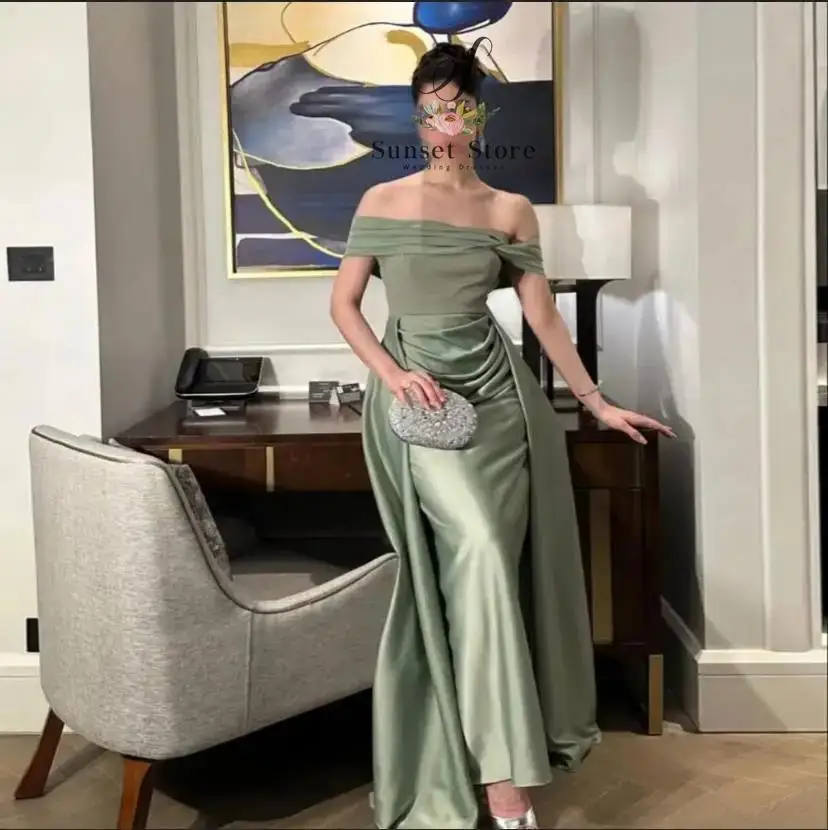 فستان سهرة أخضر مخصص قبالة الكتف مطوي ثوب رسمي الساتان حورية البحر طويل فستان حفل زفاف الضيوف تنورة فوقية