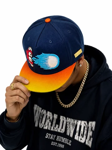 Embroidered Gradient Flat Brim Snapback Hat, Hip Hop Streetwear Baseball Cap with Colorful Orange Blue Brim, Urban Rapper Style