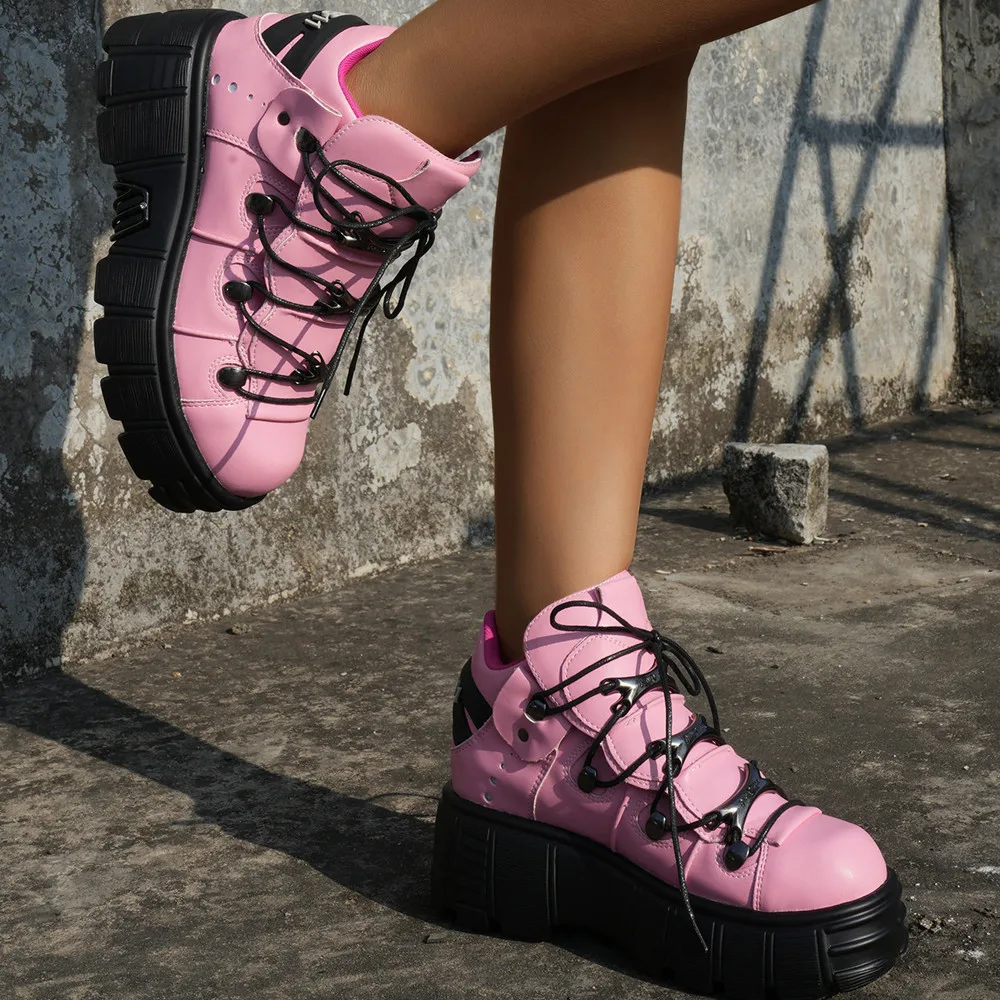 Botas de tornozelo femininas rosa para mulher rendas dedo do pé redondo punk curto botas mujer fundo grosso decoração de metal sapatos de plataforma plana