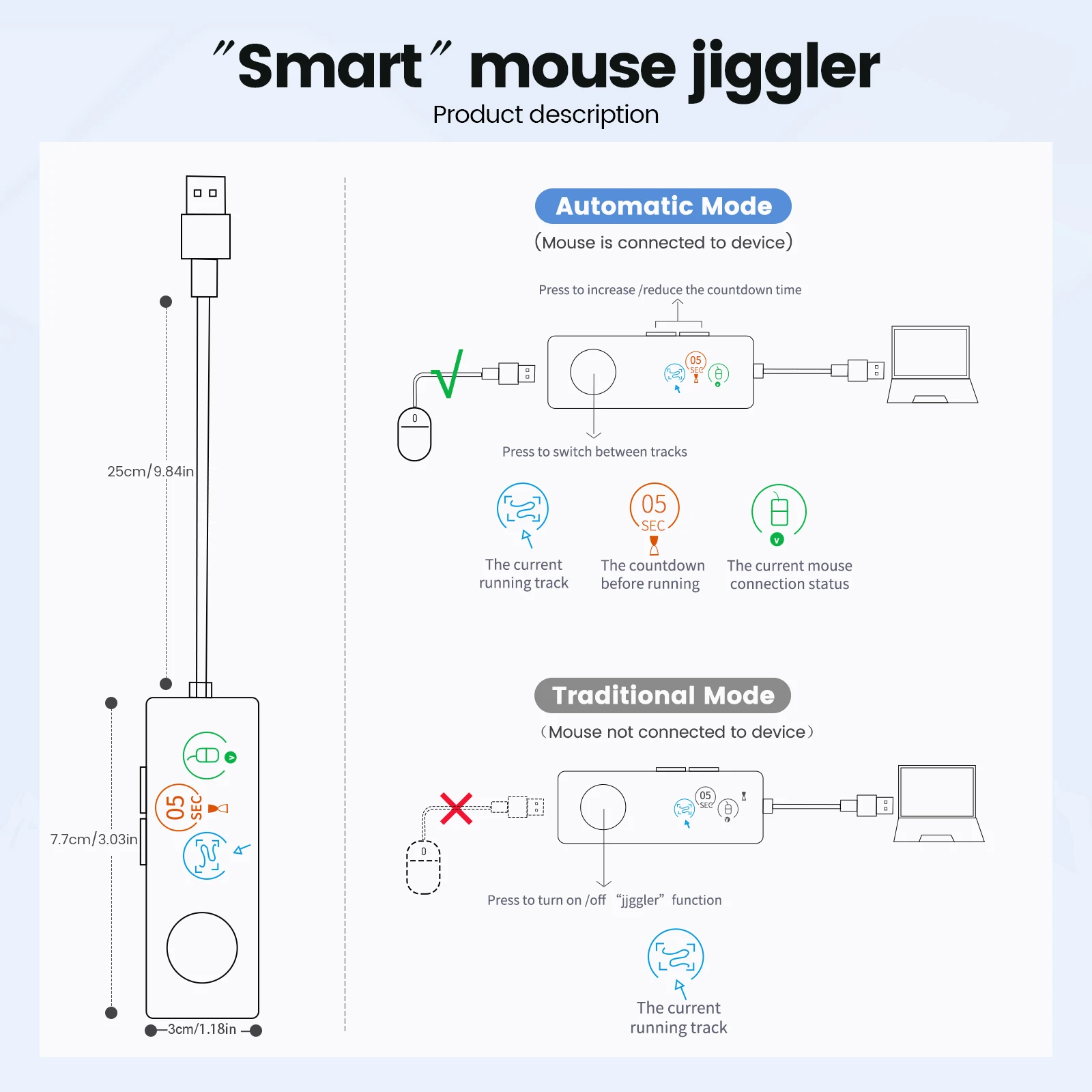 Fully Automatic Mouse Jiggler 100% Absolutely Undetectable USB Mouse Mover with HD Screen, Countdown Adjustable and 3 Tr