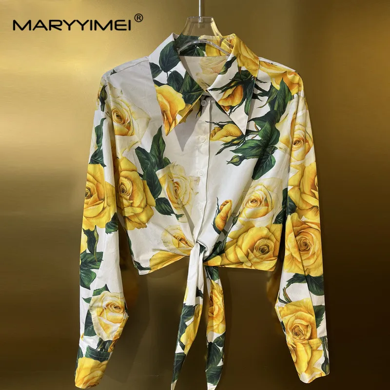 MARYYIMEI Women\'s Suit Turn-down Collar Long Sleeved Elegant Printed Long shirt Beach Holiday Cotton Two Pieces Set