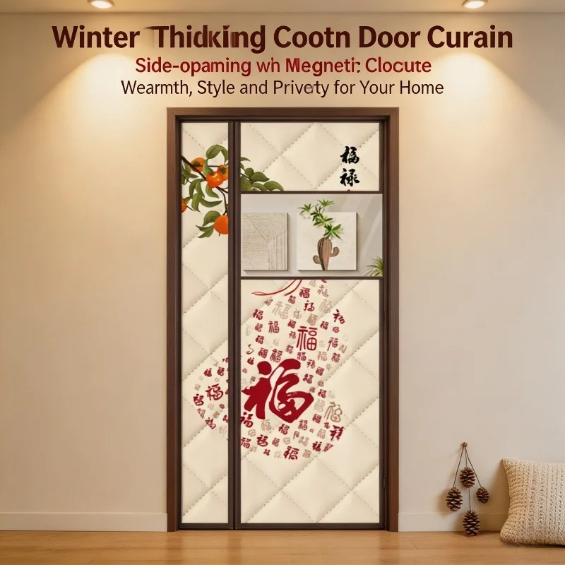 Winter Magnetic Thermal Door Curtain, Side Opening, No-Drill Magic Tape Install, Transparent Window, Keep Warm & Save Energy