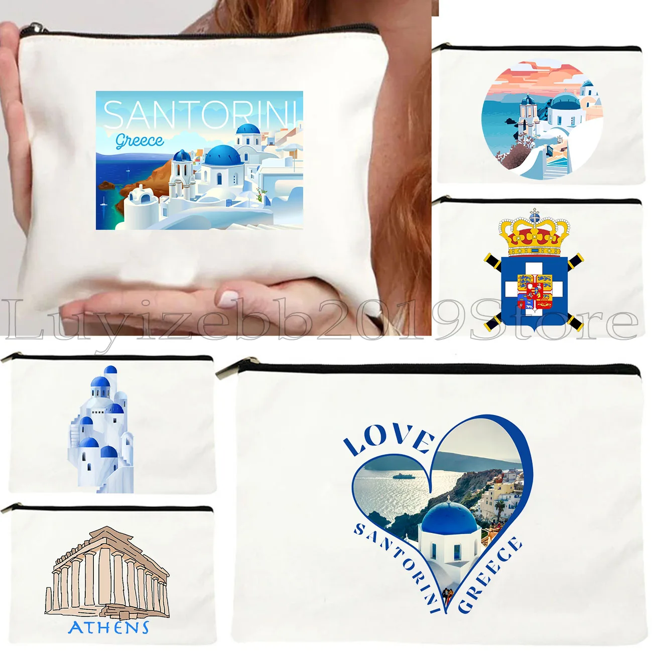 

Capital Athens Greece Santorini Oia Island Greek Evil Eye Love Heart Холст Косметичка для макияжа Туалетная сумка Пенал на молнии