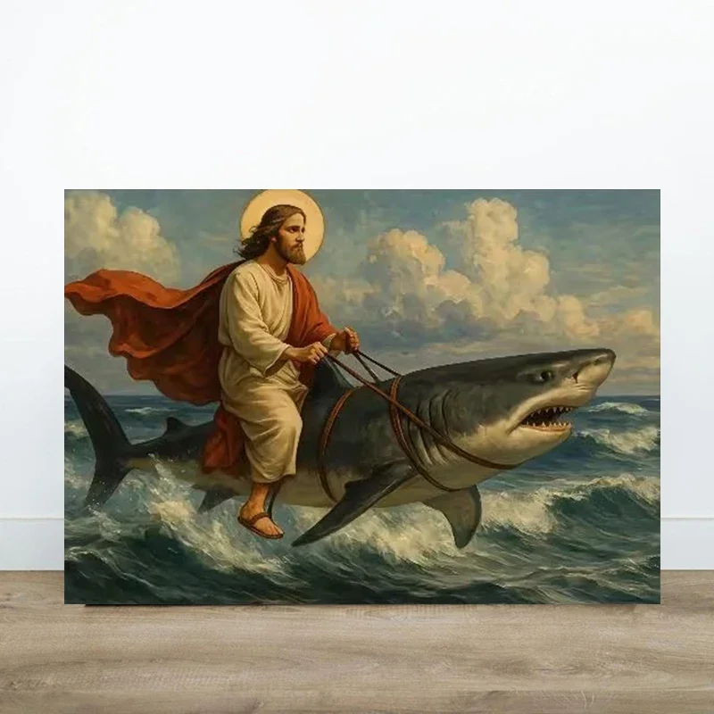 Multiple sizes 1pc frameless Canvas Painting,Fun Jesus Riding A Shark Humorous Christian Poster and Prints Canvas Painting Wall