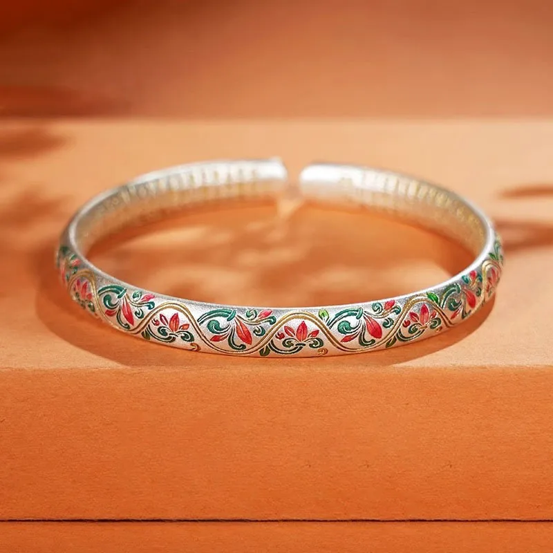 Pulsera Sutra de corazón de plata 925 para mujer, novedad en estilo chino, exquisita pulsera pequeña de flor esmaltada, regalo de joyería abierta