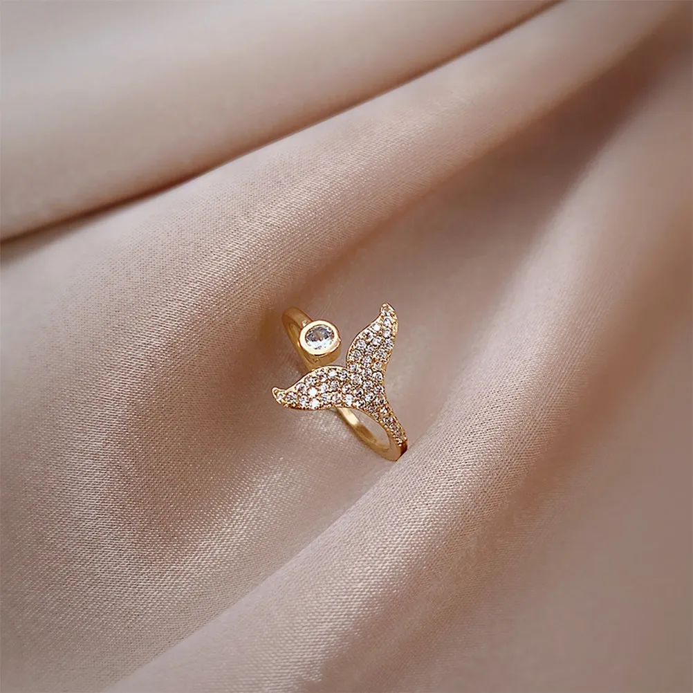 1Pcs Fishtail Whale Tail Ring Unclosed Adjustable Index Finger Ring Rhinestone Inlaid Gold Tone Premium Non-Toxic Elegant Daily