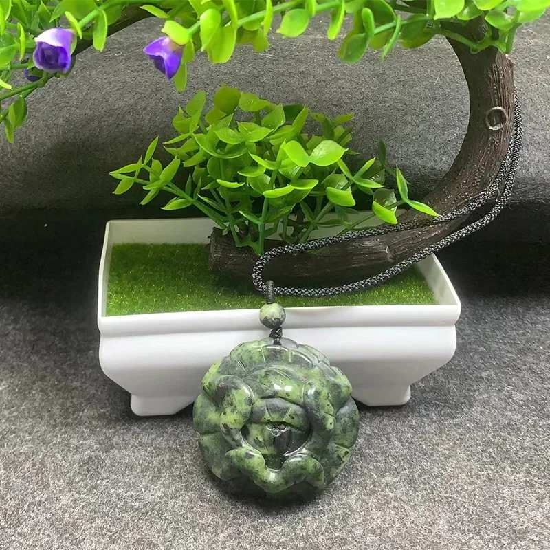 Natural Black-Green Jade Flower Jade Pendant Jewelry Lucky Exorcise Evil Spirits Safety Charms Jade Fine Jewelry