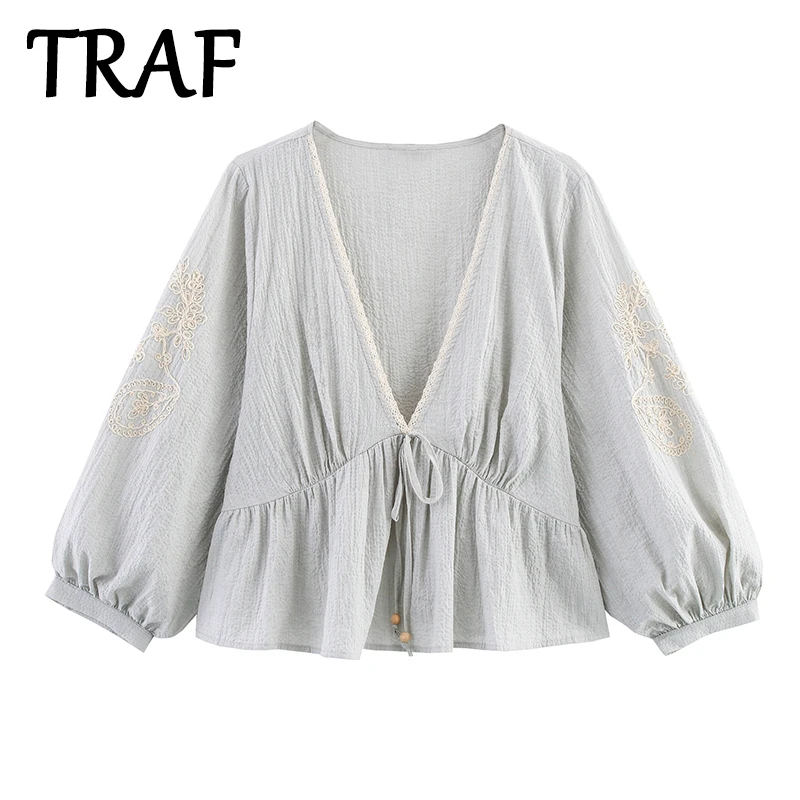 

TRAF Women's Embroidery Elegant Shirts & Blouses 2025 Spring Summer Long Sleeve Pleated Fashion Casual Streetwear Blouse Tops
