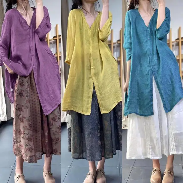 

Cotton Linen Sun Protection Women's Loose Literary Solid Color Single Row Button Long Shirt