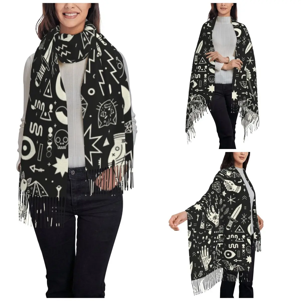 Curiosities Bone Nazar Shawl Wraps Womens Winter Warm Large Soft Scarf Mystery Halloween Reversible Tassel Scarves