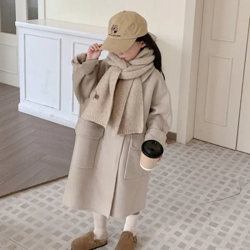 Girls Woolen Coat Jacket Cotton Outwear Overcoat Khaki Warm Thicken Plus Velvet Winter Autumn Teenager Children's Clothing E4287