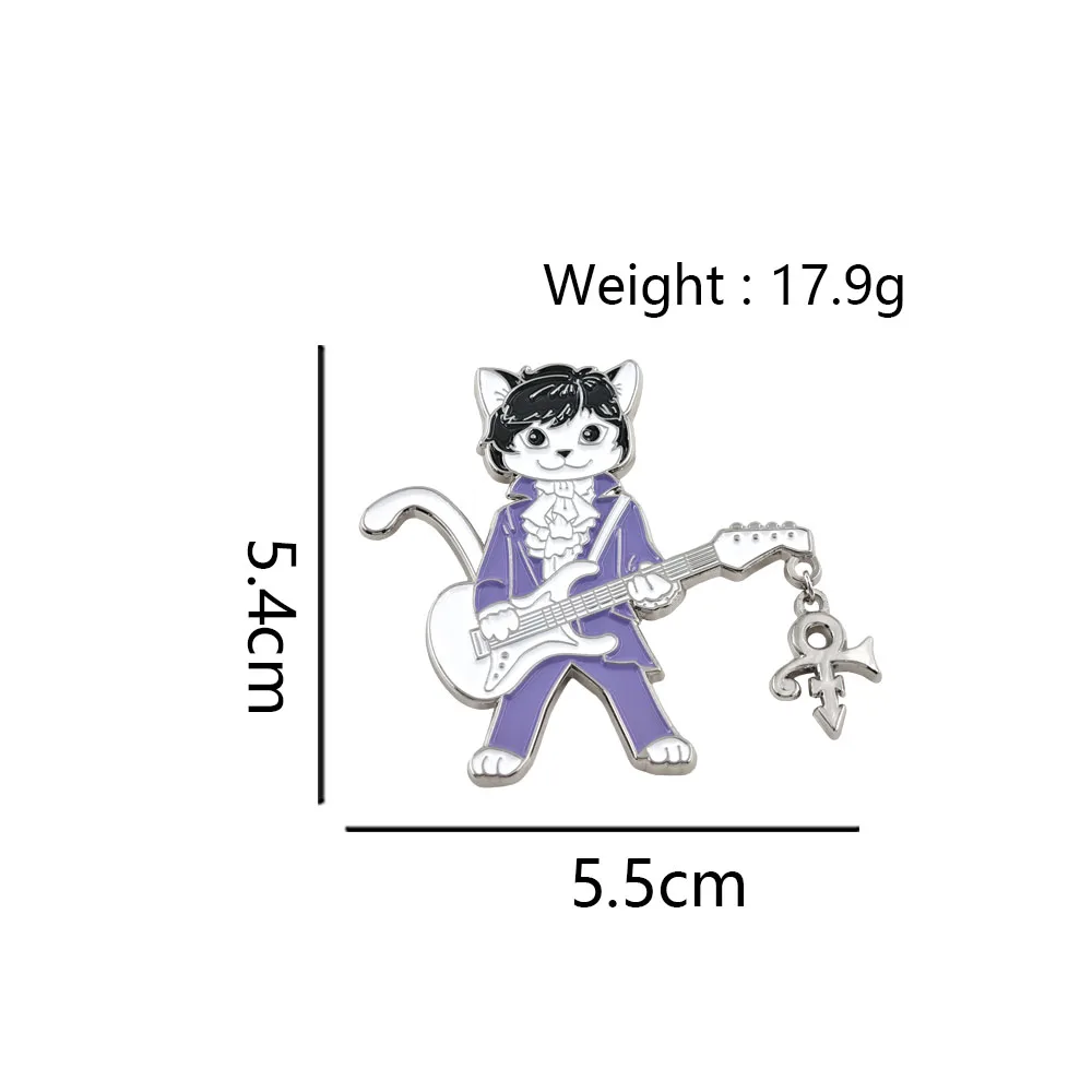 Prince Purple Rain Brooch Cute Cat Playing Guitar Metal Badge Rock Band Love Symbol Dangling Enamel Pin Music Fan Jewelry Gift