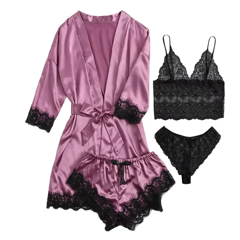 European And American Women's Style Pajamas Summer Bud Suspender Nightdress With Nightgown 4 Pieces Set