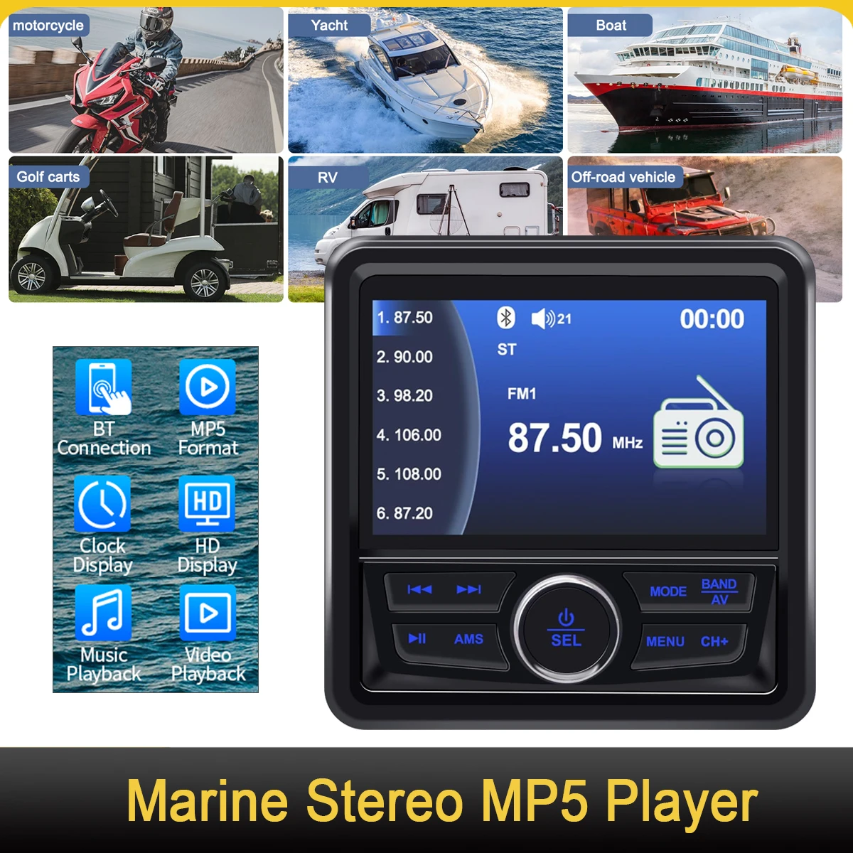 

MP5 Digital Media Audio Player Bluetooth-compatible FM AM Marine Radio Boat Stereo Waterproof Boat Accessories For Yacht ATV UTV