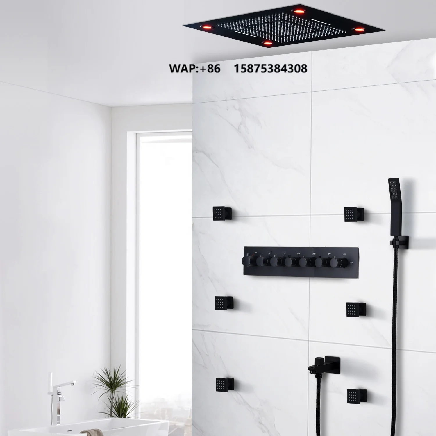 Bathroom Accessories LED Shower Head Rain Shower Head Set Thermostatic Mixer 6 Functions Massage Shower Faucet Set Matt Black