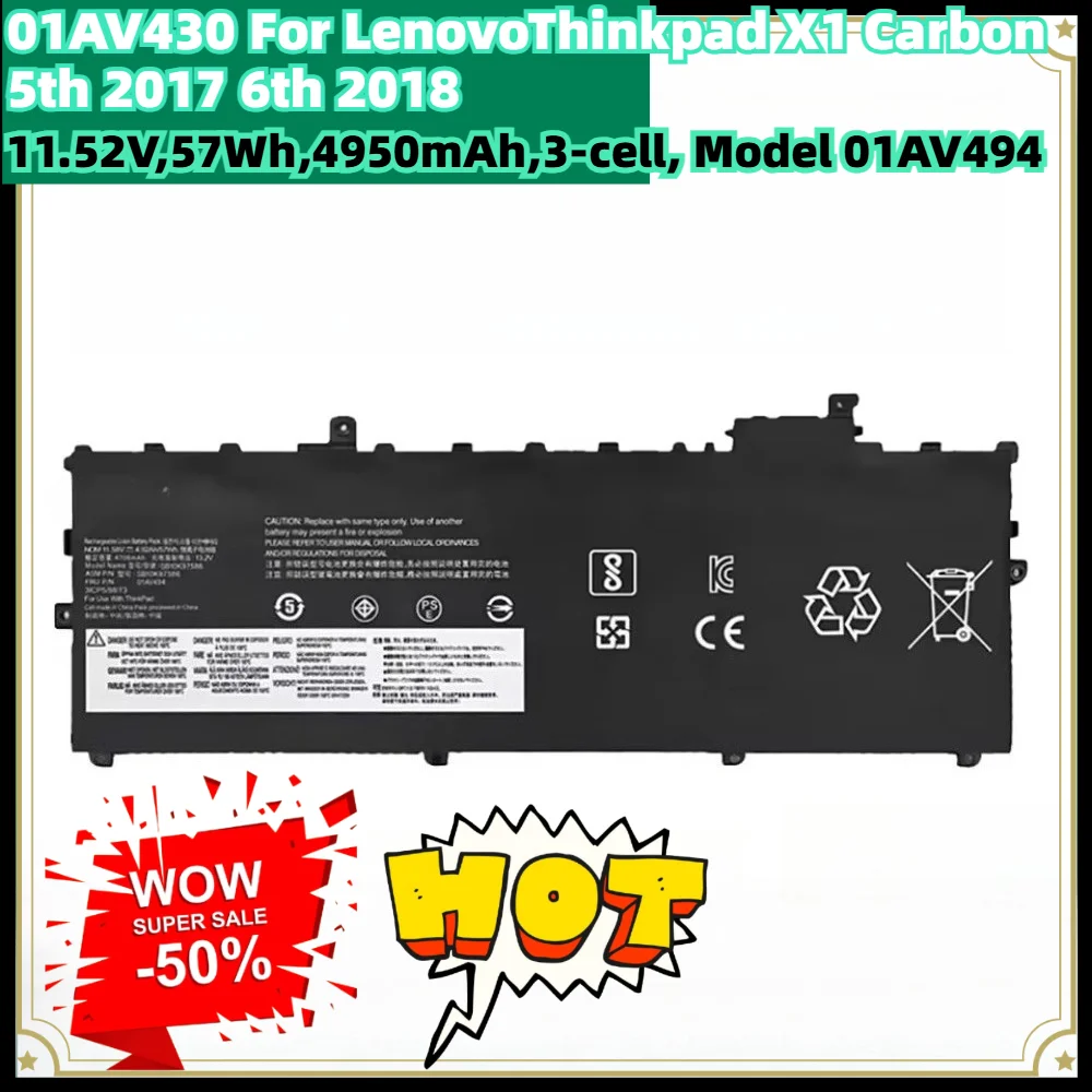11.52V 57Wh 4950mAh 3-Cell Replacement Battery 01AV494 01AV430 for Lenovo ThinkPad X1 Carbon 5th 6th 2017 2018 TP00086A