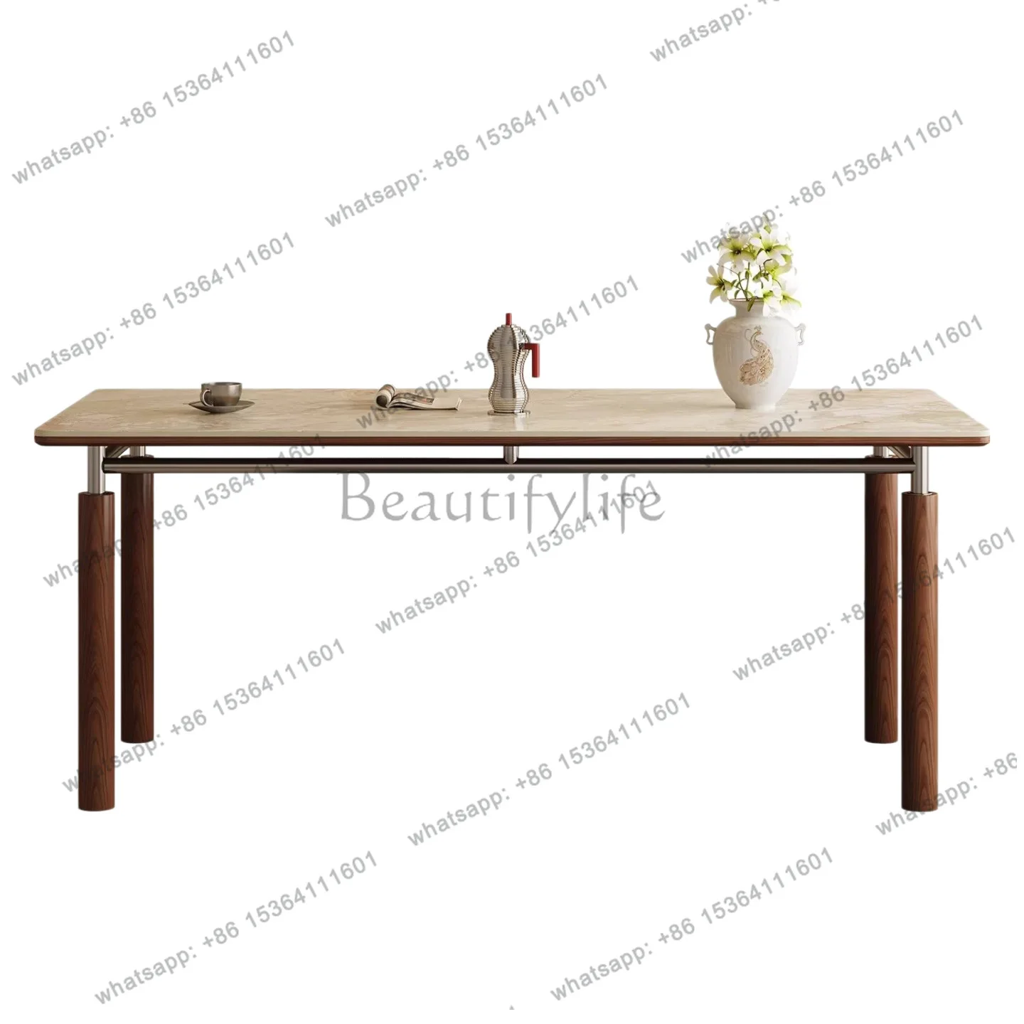 Solid wood dining table rectangular household small apartment medium and ancient style dining table travertine rock slab