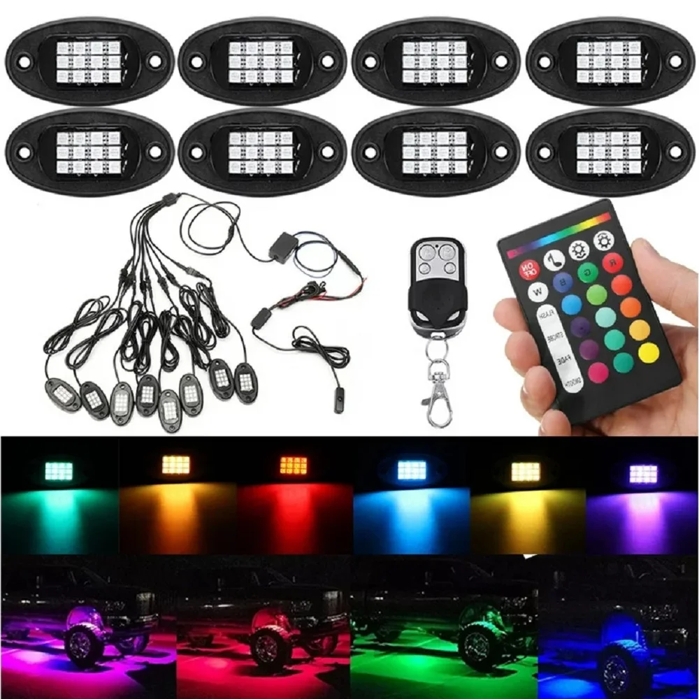 

8PCS Waterproof 24W DC12V RGB LED Rock Lights RF Double Remote Controls Wireless Music Driving Lighting 4WD 96LED