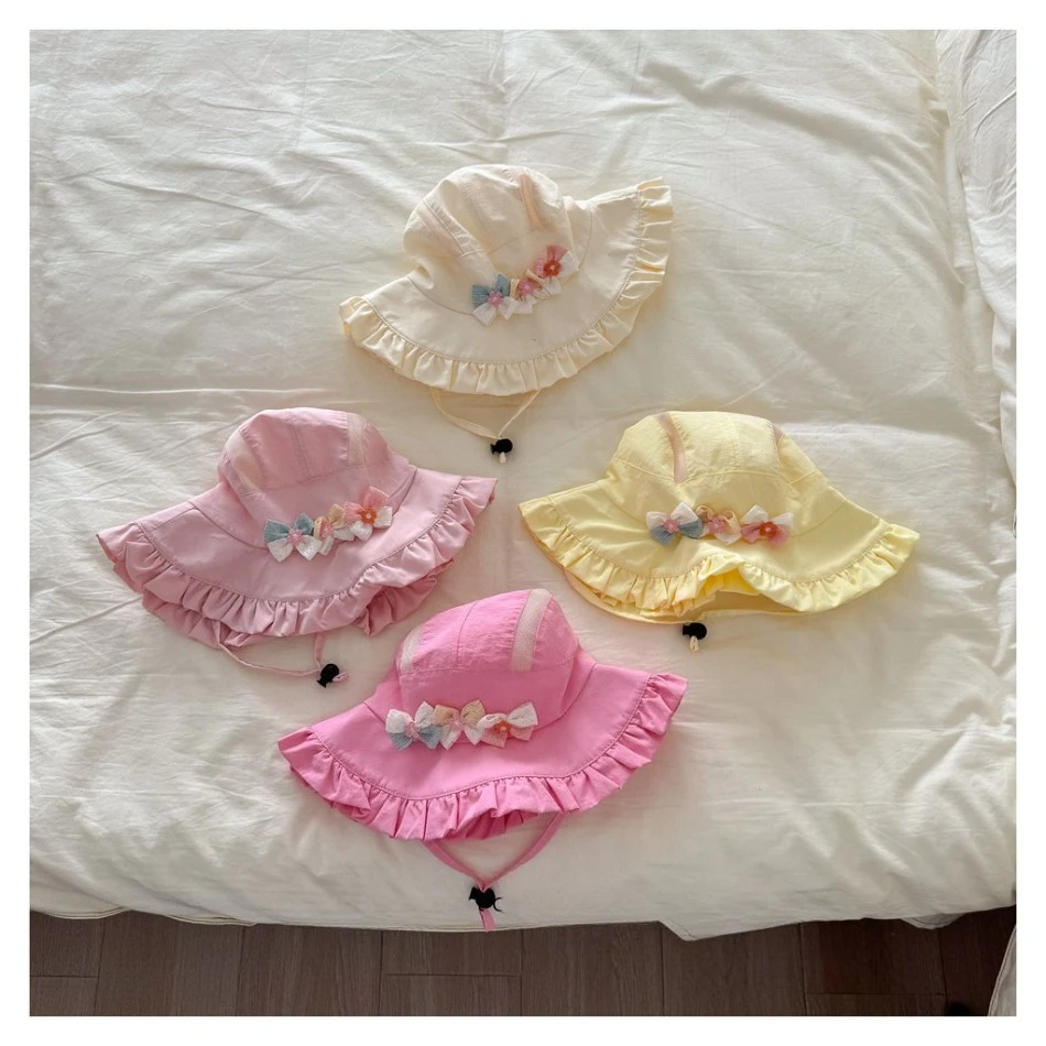 

Korean Sweet Wrinkled Edge Bucket Hat Spring and Summer Thin Flower Bow Baby Girl Big Brim Pot Hat Children Sunshade Cap BT14