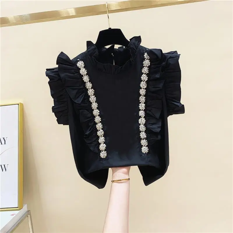 OCEANLOVE Ruffles Women Shirts&blouses Beading Vintage Korean Fashion Elegant Blusas Feminina Spring Summer Elegant Camisas