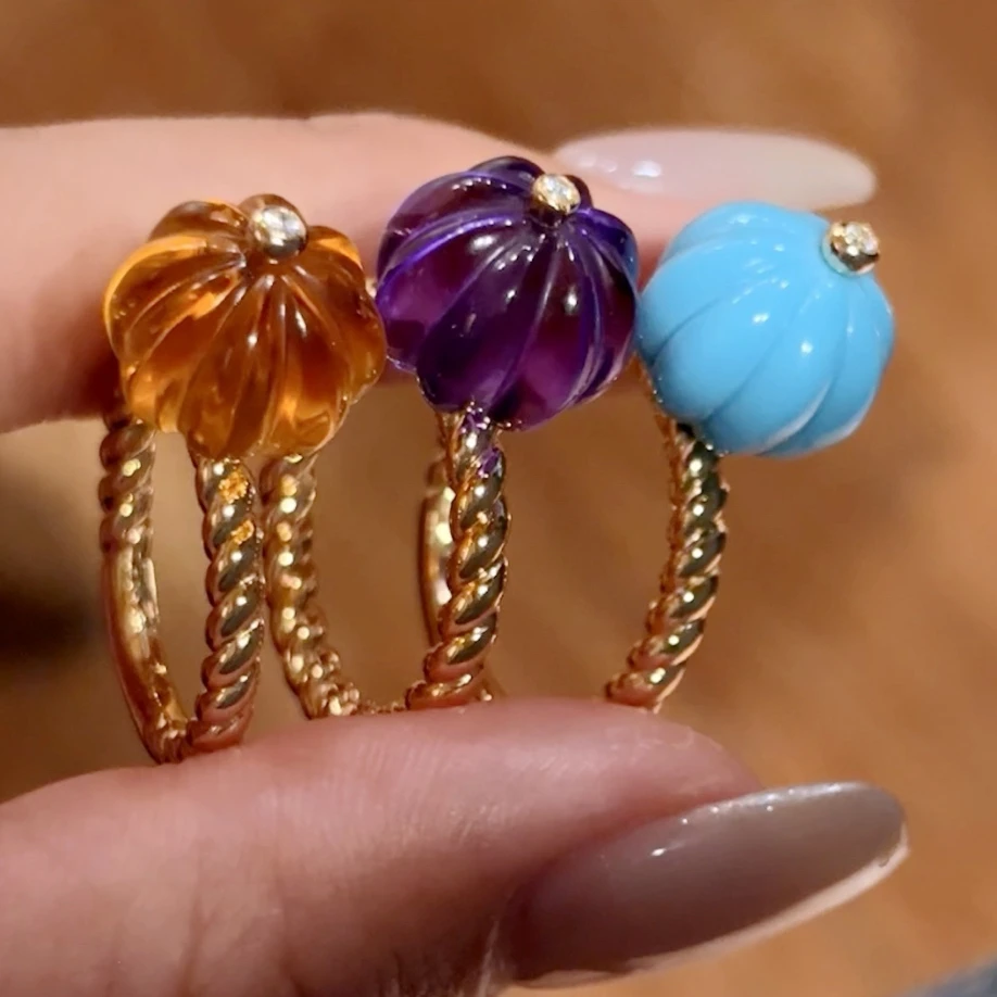 KQDANCE Real 925 Sterling Silver Carving Turquoise Natural Citrine Amethyst Pumpkin Shaped Ring For Women Fine Jewelry