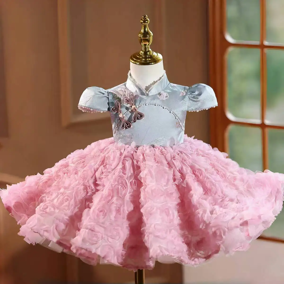 

Dreamy Vow D152, розовое платье в китайском стиле с высоким воротом и цветочным узором для девочек, детское праздничное платье на свадьбу, день рождения, праздник, праздничное платье