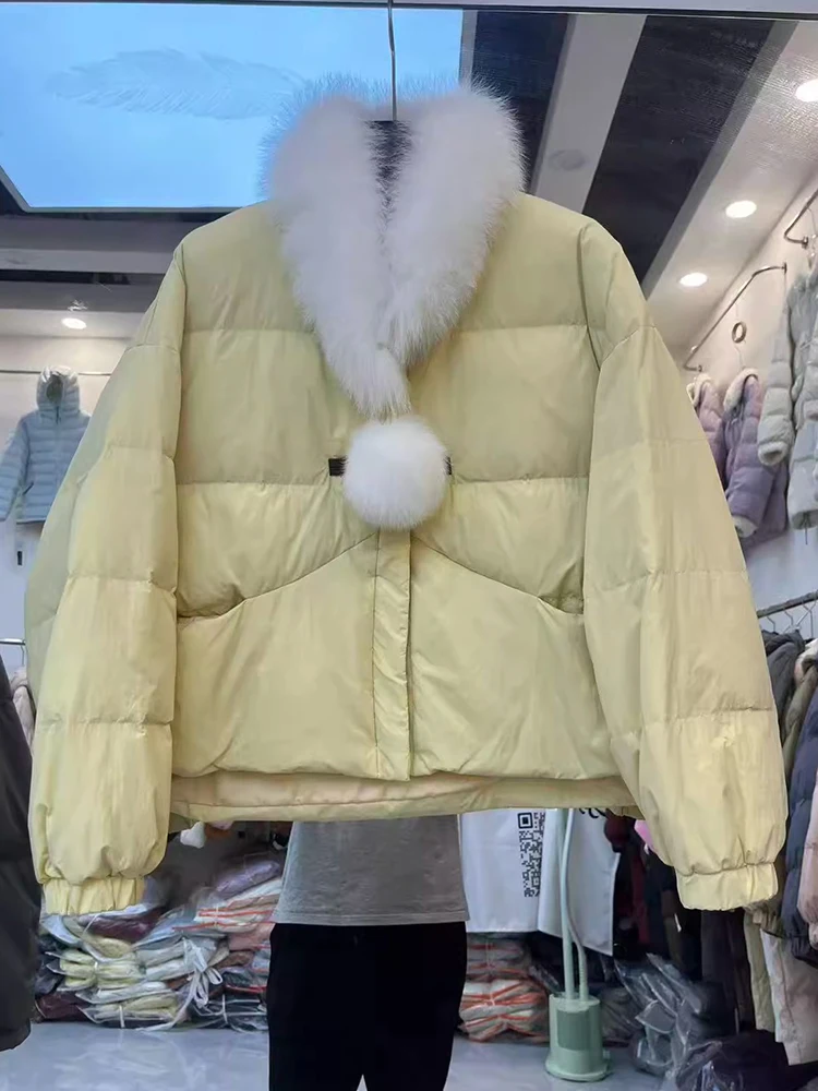 Veste en duvet de canard blanc pour femme, version coréenne, écharpe en renard à la mode, col en fourrure, style court, nouvelle collection hiver 2025