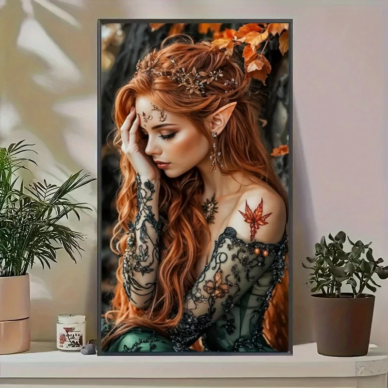 Image of Weiblicher Elf mit roten Haaren, Malen nach Zahlen für Erwachsene, handgemalte Zahlenzeichnung, Wandkunst, Wohnzimmerdekoration