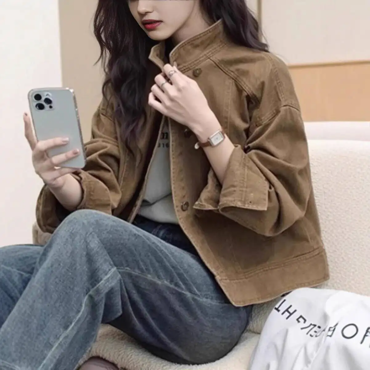 Mulheres jaqueta curta 2025 outono novo retro café denim jaqueta solta gola estilo utilitário casaco curto casual outerwear