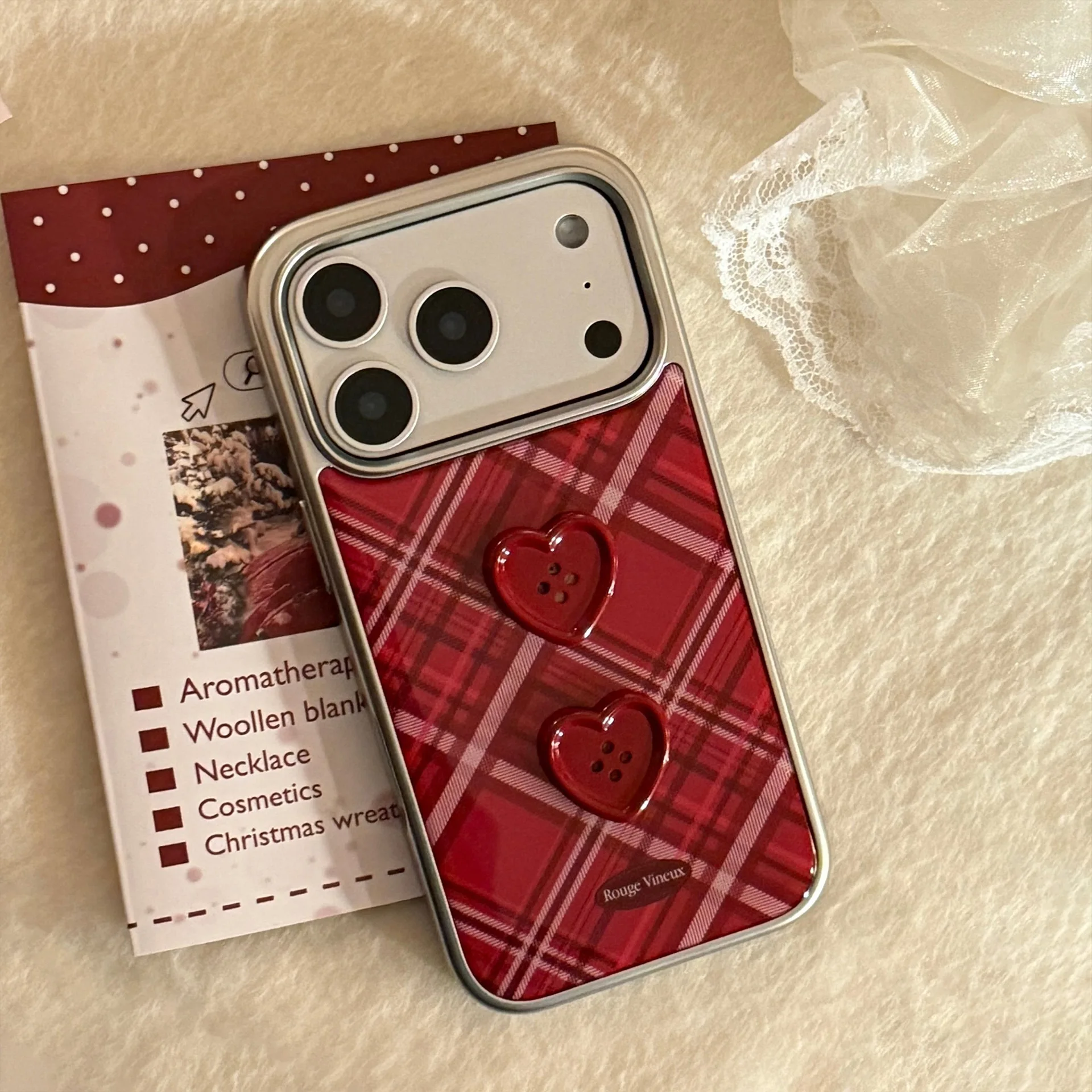 Gittermuster, 3D-Liebes-Herz-Knopf, silberfarbene Kantenbeschichtung, Handyhülle für iPhone 17, Air 16, 15, 14, 13, 12, Pro Max, stoßfeste Hartschale