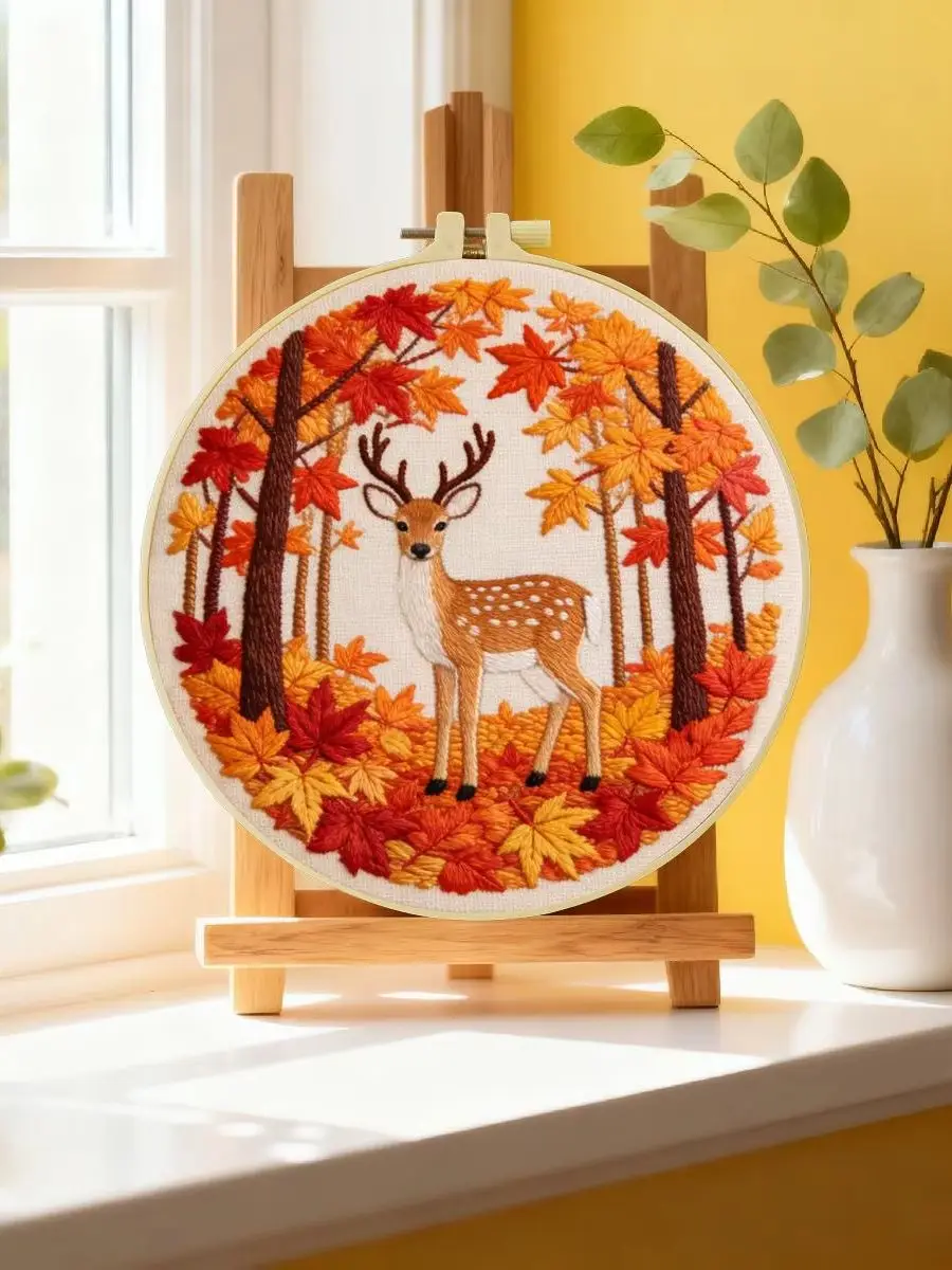 1 Stück 20X20CM/15X15CM 7,87/6,3 Zoll Das Reh im Ahornwald Stickerei-Starter-Kit DIY-Kit DIY-Stickerei-Set Handarbeiten – Detail 6
