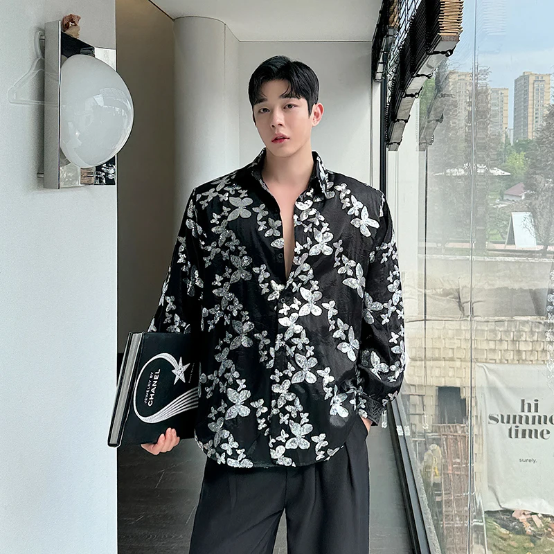 Korean Style Men's Shirts Casual Butterfly Sequin Turn-down Collar Long Sleeve Loose Single Breasted Fashion 2024 Autumn